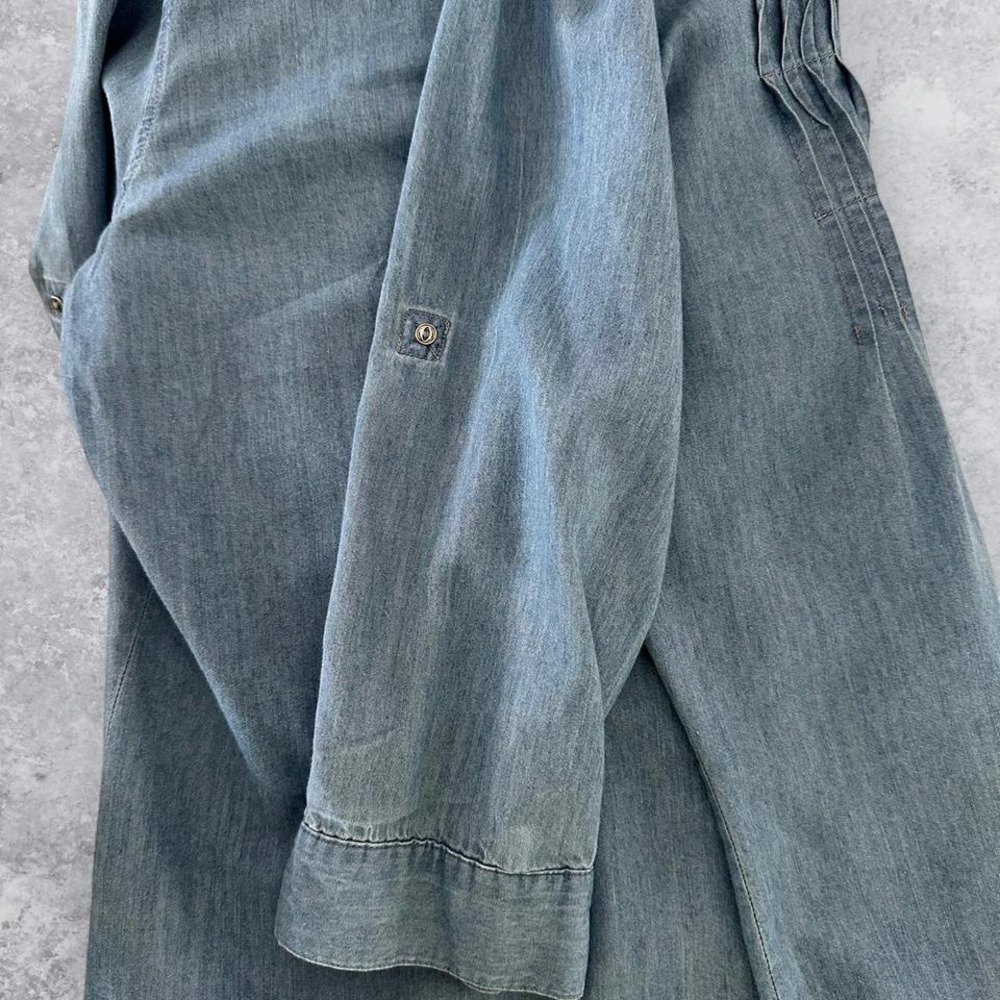 Vintage America Blues Blue Denim Pintuck Pleated Roll Tab Sleeve Tunic Shirt L - Picture 5 of 7